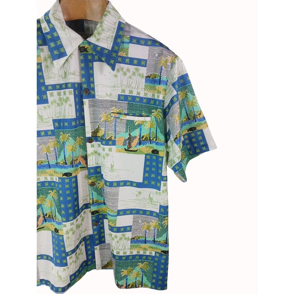 Vintage 70s Napili Made Hawaii Tropical Graphic Hawaiian Shirt Size L No Iron - Picture 2 of 13